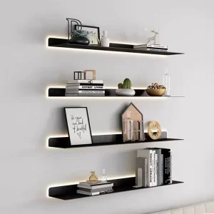 Stainless Steel Wall mounted Iron Storage Rack Metal Bookshelf Dining Bedroom Home Decorative Wall Partition Shelf with Light