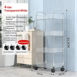 Stainless Steel Wheeled 4-Tier Clear Service Cart Multi-Function Mobile Trolley for Hotel Bar Kitchen Tools Clothing Storage