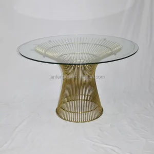 Stainless Steel Wire Lattice Base Round Dining Table Tempered Glass Top Luxury Banquet Event Rental Station