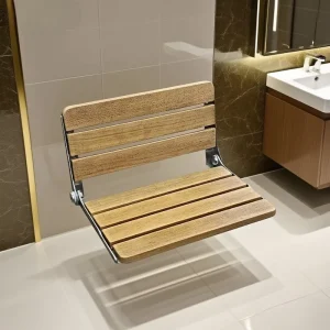 Stainless Steel & Wood Modern Folding Shower Bench Space Efficient Wall Mount Bathroom Seating Solution
