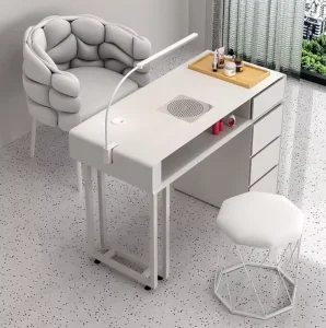 Stainless Steel Wooden Modern Nail Salon Table with Dust Collector Eco Friendly Nail Spa Furniture