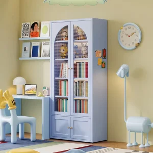 Steel Bookcase with Doors Anti toppling Metal Bookshelf Suitable for Study and Living Rooms