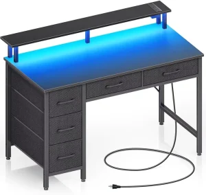 Steel Computer Desk Engineered Wood Top 39 Inch Height 5 Drawers LED Light Power Outlets Monitor Office Desk