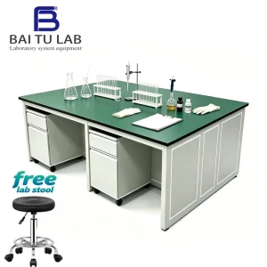 Steel Laboratory Work Bench with Wooden Mobile Pedestal Cabinet for General Physical and Chemical Testing Labs