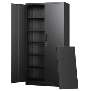 Steel Locking 2 Door Metal Storage Cabinet 4 Adjustable Shelves Home School Living Room Garage Tool Utility Organization