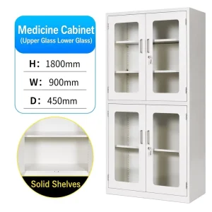 Steel Medicine Cabinet with 4 Glass Doors Upper Lower Sections for Laboratory and Hospital Pharmacy Storage