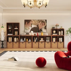 Steel Modular TV Cabinet Wood Grain Finish Free Assembly Living Room Bookshelf Storage