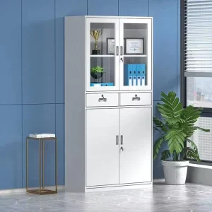 Steel Office Storage Cabinets with Glass Doors and Two Lockable Metal Drawers for Offices and Schools