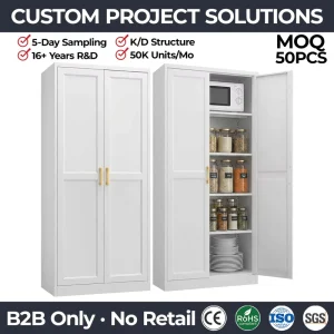 Steel Pantry Cabinet 2 Door White Kitchen Storage Cupboard with Gold Handles for Dining Room Living Room Sideboard