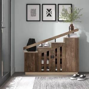 Stepped Tiered Shoe Cabinet with Decorative Sloped Rail 3 Cabinets 9 Shelves Rustic Engineered Wood Shoe Storage Cabinet