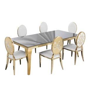 Stock Thickened Gold Stainless Steel European Style Hotel Furniture Dining Table Tempered Glass Top for Wedding Restaurant Use