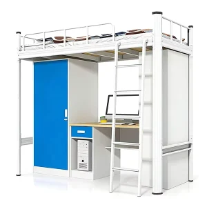 Student Dorm Loft Bed with Desk and Wardrobe Metal Frame Bunk Bed Integrated Bed for Hostel and Small Bedroom