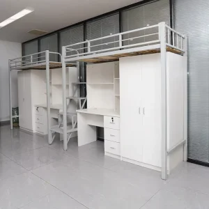 Student Dormitory Modern Full Size Metal Bunk Bed Under-bed Desk Integration Knock-down Design for School Apartment Use