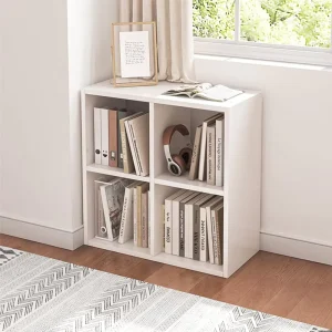 Sturdy 4 Compartment Modern Wooden Shelf 2×2 Grid Open Bookcase Space Saving Multi functional Storage Unit for Small Spaces