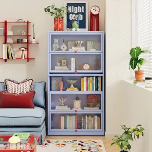 Sturdy Blue Metal Bookshelf with Flip Door for Living Room