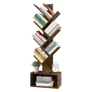 Sturdy V Shaped Wooden Bookshelf with Base Storage Compartment and Anti Tip Straps for Safe Space Saving Home Office Decor