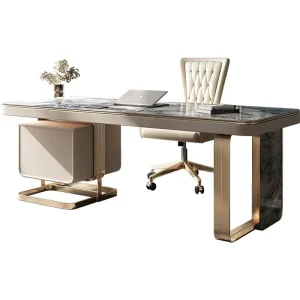 Stylish Durable Modern Home Office Computer Desk with Metal Frame Stone Marble Surface Drawers Cable Holes