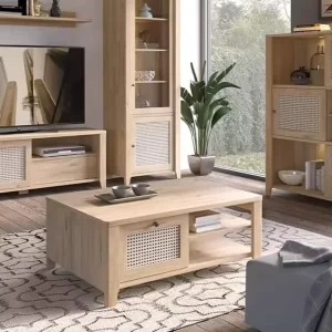 Stylish Elegant Design Rustic Style Wood Coffee Table with Rattan Drawer Open Shelf
