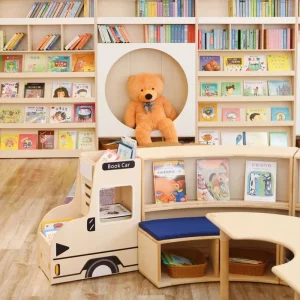 Stylish Kids Library Design Large Book Shelf Display Bookcase with Soft Seat Wooden Furniture Set for School Reading Room