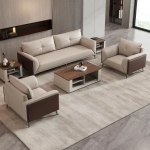 Stylish Minimalist Genuine Leather Sofa Light luxury Office Managers Executives Three seater Desk Sofa Coffee Table Receptions