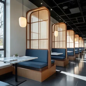 Stylish Modern Commercial Restaurant Sofa Booth Seating Set Navy Blue Soft Padded Fabric Booths Wooden Frame Marble Dining