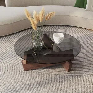 Stylish Modern Design Artistic Coffee Table with Glass Top and Solid Wood Frame for Living Room
