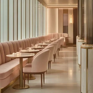 Stylish Restaurant Furniture Pink Leather Dining Chairs and Booth Seating with Modern Round Tables Set for Cafe Coffee Shop