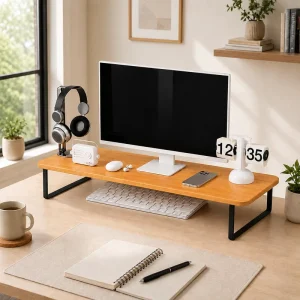 Stylish Wooden Computer Stand with Storage Shelf for Home Office and Study