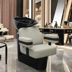 Sulin Model 9318 Modern Salon Shampoo Chair with PU Leather and Ceramic Basin Black Backwash Commercial Use