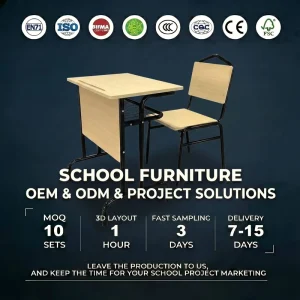 Supply Expert Durable Educational Study Table with Chair Wood Grain Black Metal Frame Classroom Table and Chair Set OEM ODM