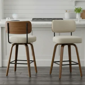 Swivel Bar Stools 26″ Counter Height Beige Grey Walnut Wood Legs Upholstered Seat Supportive Backrest Easy Clean Faux
