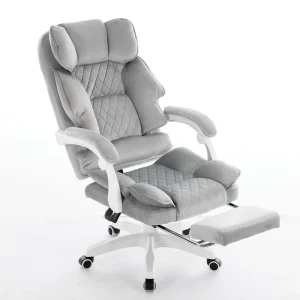 Swivel Computer Executive Chair with Lumbar Support Grey Velvet Fabric High Back Reclining Chair for Office