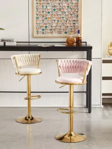 Swivel Height Adjustable Bamboo Bar Stool with Round Pedestal Base Modern Minimalist Design for Front Desk Use