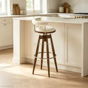 Taburetes Sillas De Bar Mid-Century Solid Wood Swivel Bar Stool Cushioned High Footrest Terrace Chair Home Bar & Dining