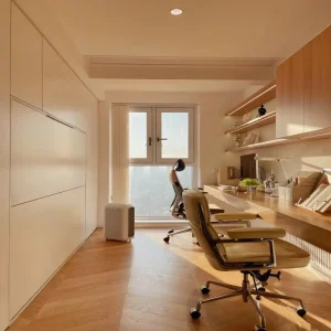 Tailored High gloss Integrated Study Desk Book Cabinet Custom Storage Wall Unit with Light Strip for Modern Villa
