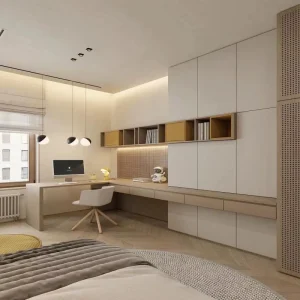 Tailored Slim Wall Mount Desk Cabinet Hidden Cable Hole Minimalist Bespoke Unit for Compact Small Apartment Study Working Area
