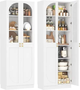 Tall Arch Modern Space Saving Storage Cabinet Tempered Glass Soft Close Doors Freestanding Wood Floor Cupboard Bookcase Seamless