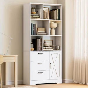Tall Bookcase Book Shelf with Doors and 3 Drawers 3 Tier Bookshelves with 6 Open Cubes for Home Office Living Room