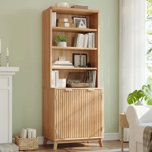 Tall Bookshelf 6 Tier Bookcase with Fluted Doors and Adjustable Shelves Modern Book Shelf for Home Office Living Room