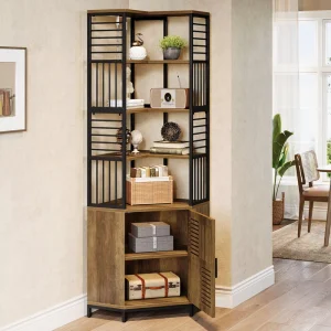 Tall Corner Shelf with Cabinet 77.76 Inch Industrial Corner Cabinet with Door 7 Tier Metal Bookshelf Storage