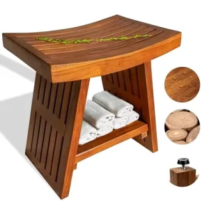 Teak Shower Bench 18 Inch Fully Assembled Waterproof Seat with Curved Design Durable Wooden Stool for Bathroom