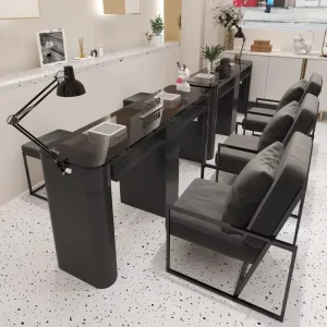 Tempered Glass Nail Salon Furniture Set with Vacuum Cleaner, Black Manicure Table, Manufacturer