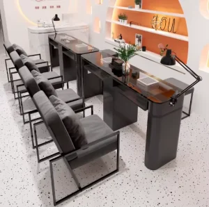Tempered Glass Nail Salon Furniture Set with Vacuum Cleaner Simple and Luxurious Nail Salon Black Manicure Table Manufacturer