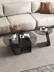 Tempered Glass Round Coffee Table Rock Plate Side Table Modern Living Room Carbon Steel Coffee Table