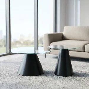 Tempered Glass Top Black Cone Base Coffee Table Round Nesting Coffee Table Set for Living Room