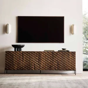 Textured Carved Door MDF TV Stand Metal Leg Media Console Storage Cabinet Rustic Living Room Entertainment Furniture