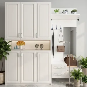 Textured Panel Accent Shoe Cabinet with Padded Seat Recessed Storage Nook Entryway Shoe Cabinet