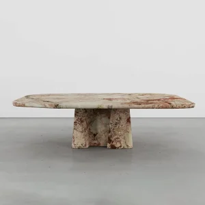 Textured Warm Breccia Marble Coffee Table Twin Organic Flared Wave Base Minimalist Luxury Living Room Table
