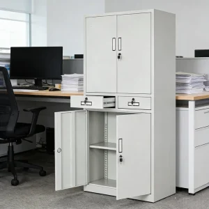Thickened Metal 3 Section Modern Design Office Storage Cabinet Double Door Top Bottom Lockable + 1 Drawer Sturdy Filing Cabinet
