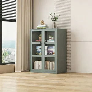 Three Layer Metal File Cabinet Modern Steel Bookcase Cabinet High Quality Bookcase with 2 Glass Door for Home Study Living Room
